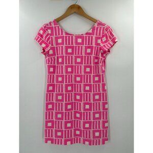 Mahi Gold L Pink White Geometric Print Short Sleeve Shift Dress Coastal‎ Resort